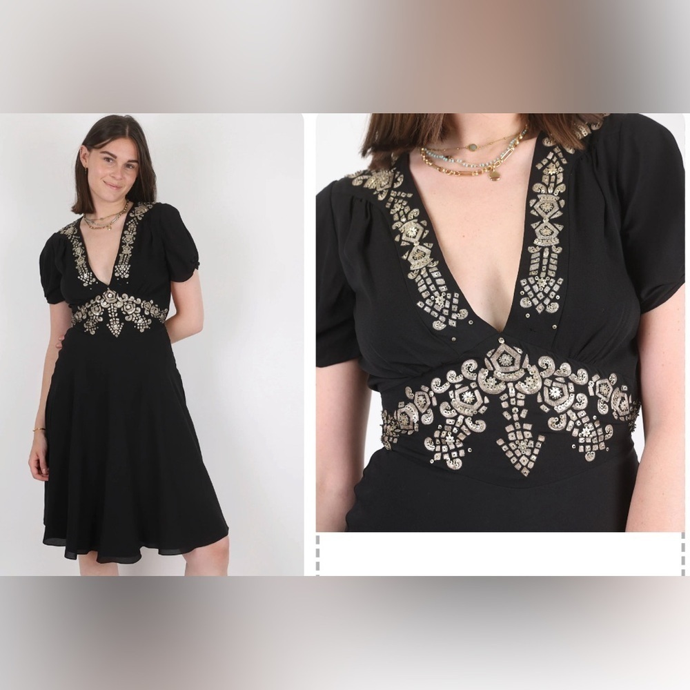 Temperly London Embellished Silk Dress Size 6 Y2K Vintage Bohemian Glamour